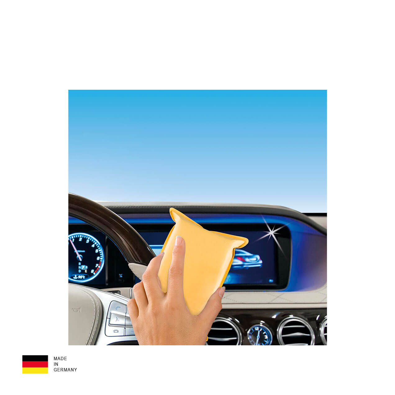 Illustration des CarKosers, wie er ein Autodisplay reinigt