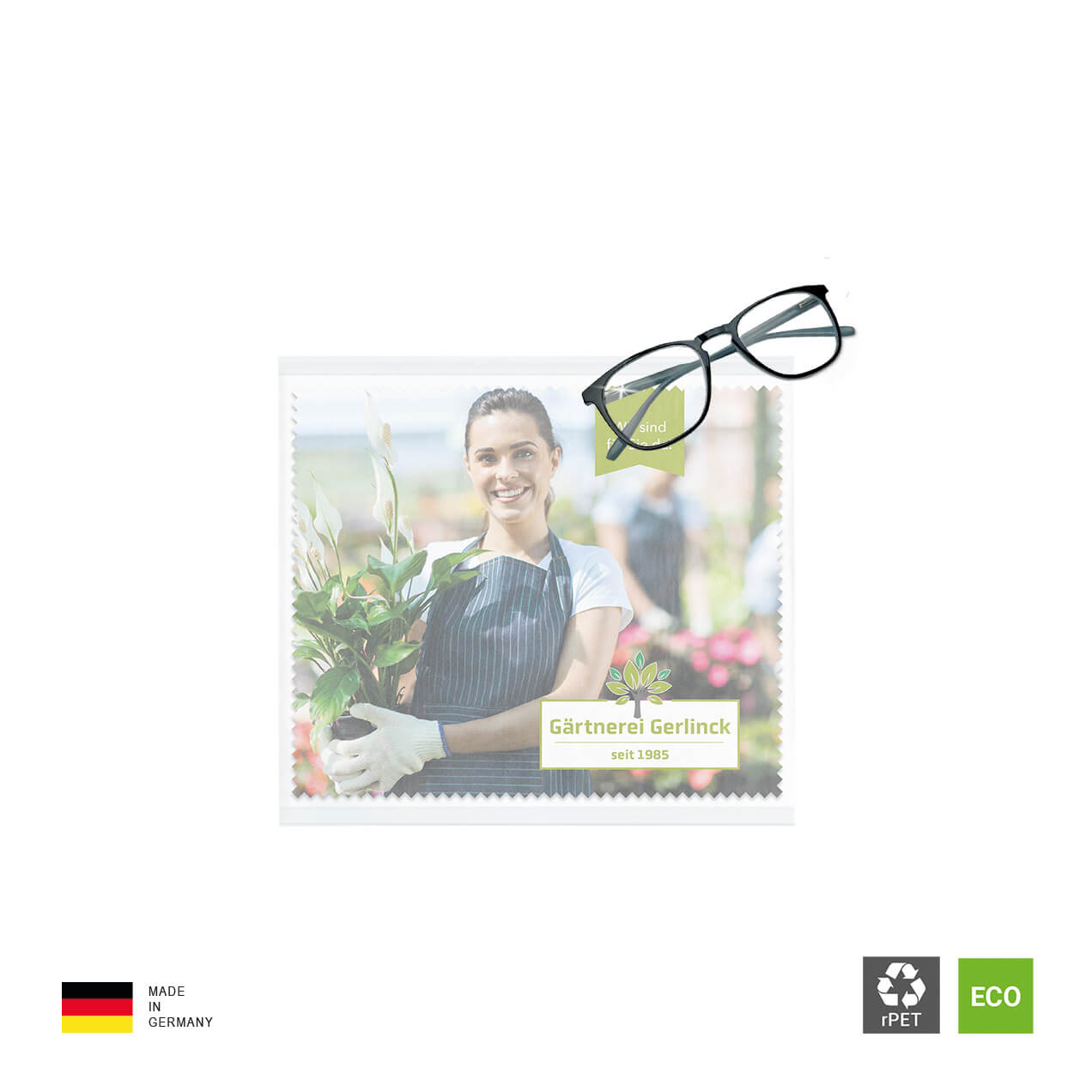 Produktbild: rPET Brillentuch im Pergaminbeutel mit Zertifikate